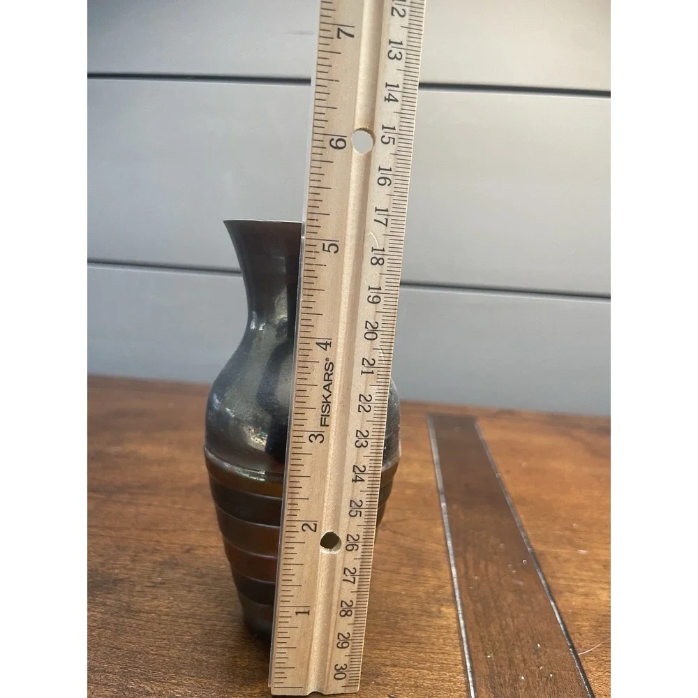 Vintage Striped Solid Brass Mid Century Vase Jar Modern -5.5